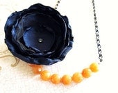 Beaded Flower Necklace and Earring Set- Faceted Apricot and Navy Bloom