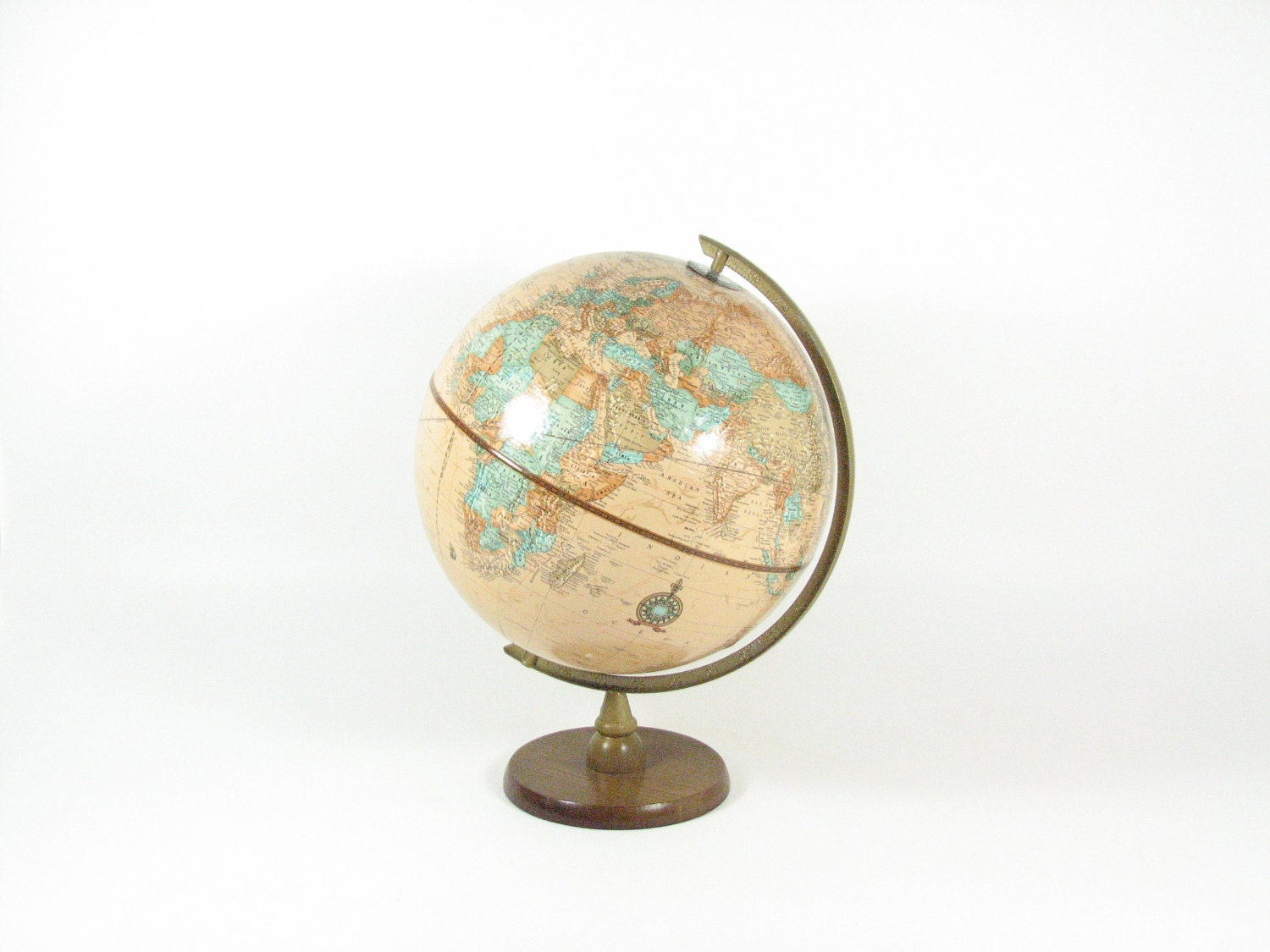 Vintage World Globe 1970s Cram's Imperial 12 inch Tan Earth Wood Stand - BridgewoodPlace