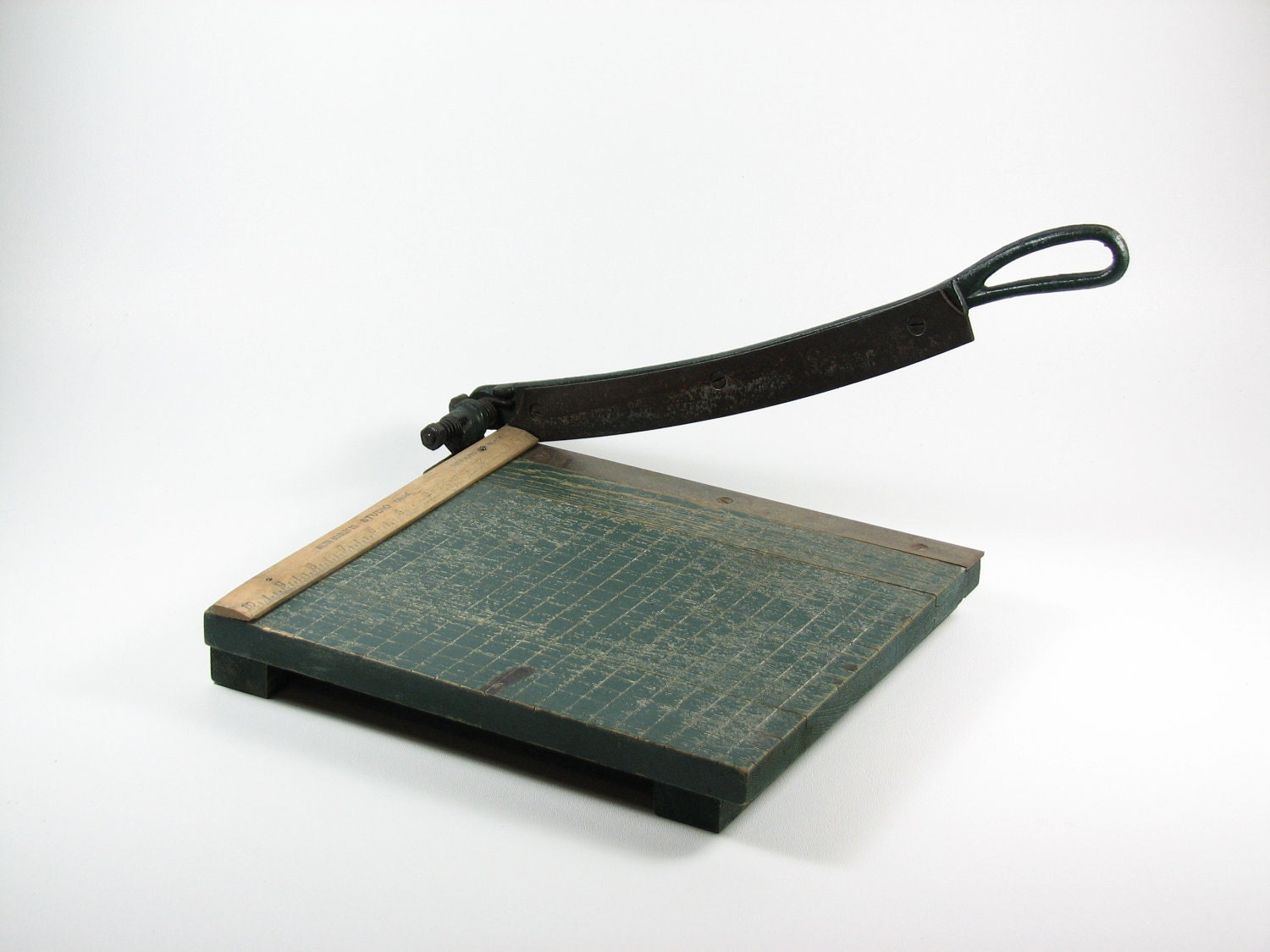Vintage Wood Paper Cutter Craft Tool Milton Bradley Forest Green