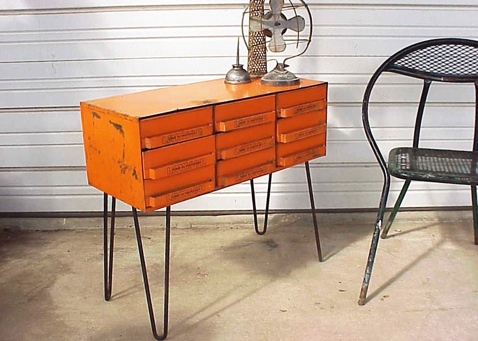 Vintage Industrial Orange Upcycled Hairpin Legs Table Storage Box