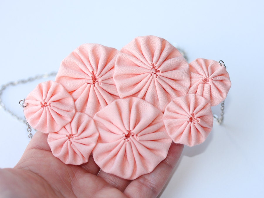 Peach bib fabric  yoyo necklace