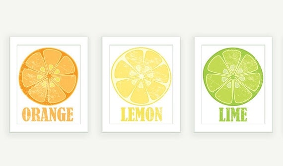 Kitchen Art - Orange Lemon & Lime - 3 Vintage Style Citrus Prints - 8x10 Illustration Prints
