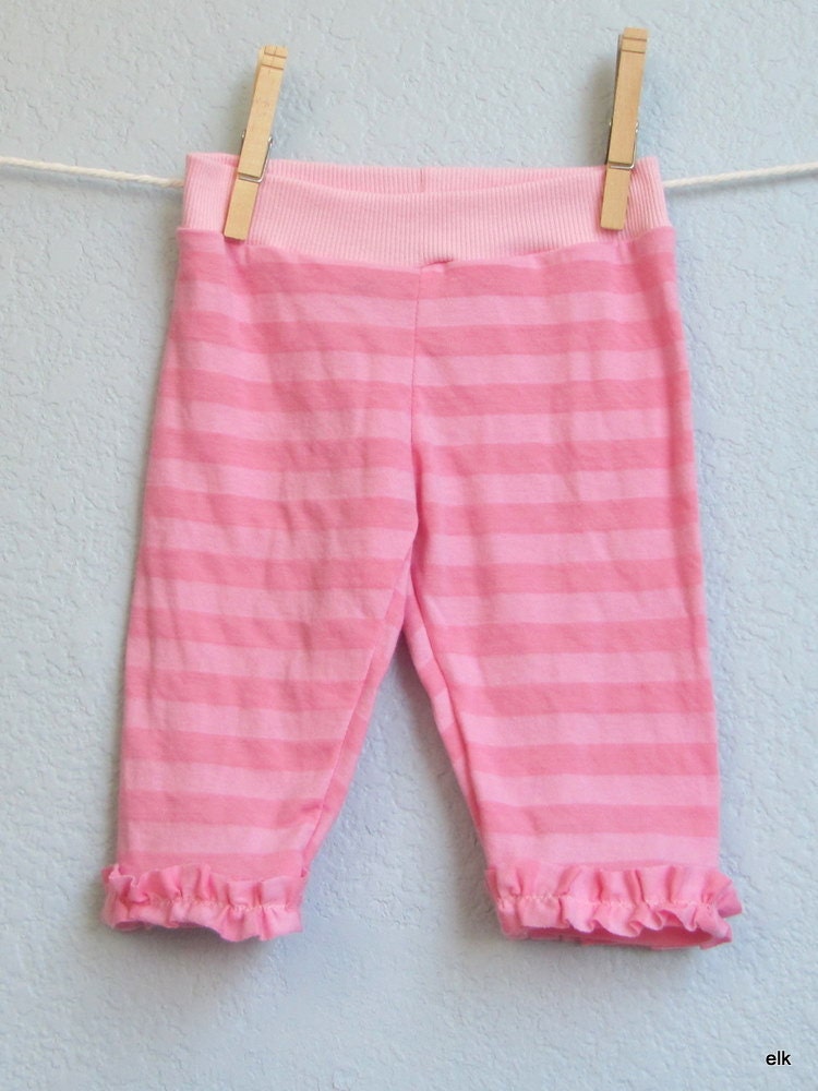 Girls Leggings - Pink Stripe Ruffle Capris, READY TO SHIP (6-12m, 3/4, 7/8)