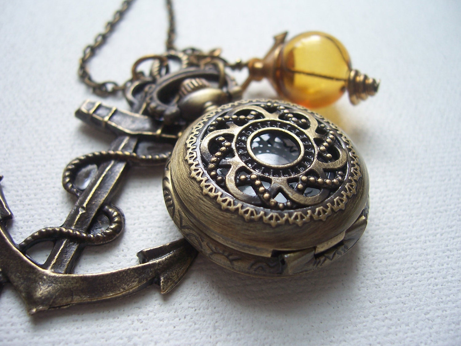 steampunk pirate  rope nautical pocket watch compass charm necklace