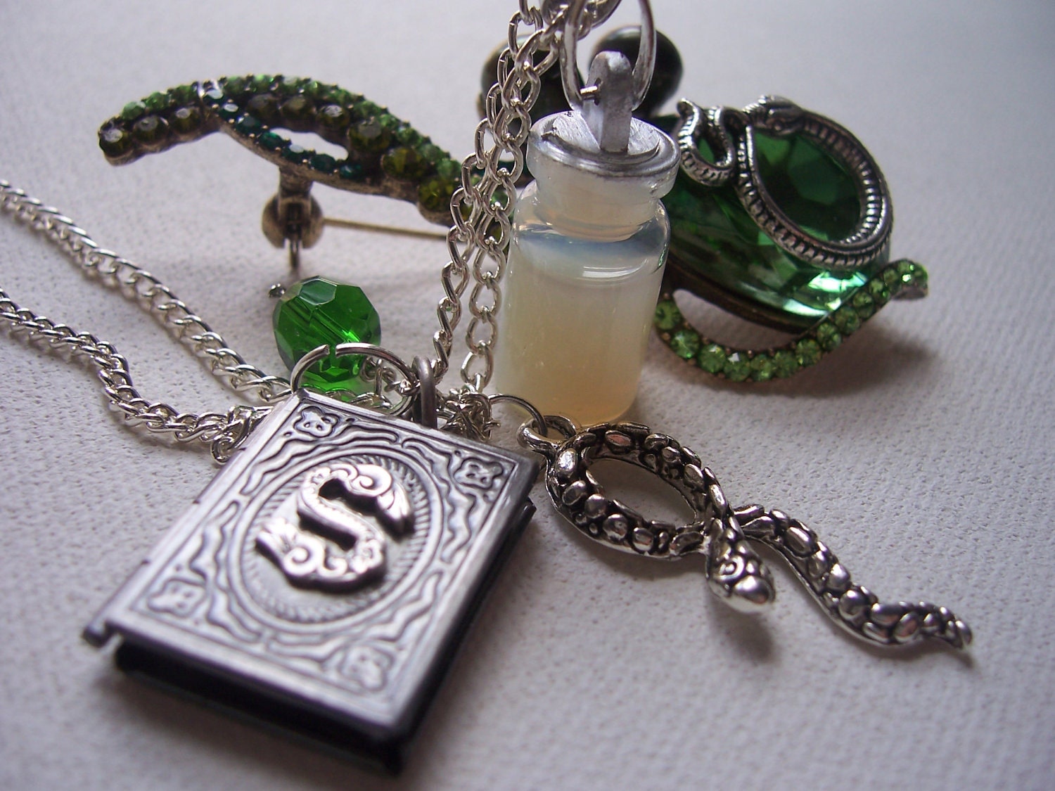 Snapes Memories  - charm necklace - Slytherin love