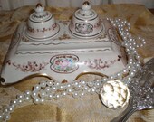 French Ink Well Set Porcelain Antique Matching Lidded Wells On Detailed Floral Pen Holder Base