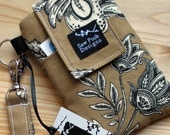 Iphone Blackberry  Droid Cell Phone Sleeve Brown Black  White Flowers Fabric Padded  Wristlet Key Fob Case Front Pocket