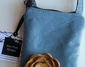 Slate Blue Leather with Honey Gold Mustard Poppy Flower Cell Phone Ipod Iphone Droid Gadget Case Zipper Pouch