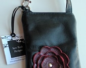 Black Leather with Raspberry Wine  Poppy Flower Cell Phone Ipod Iphone Droid Gadget Case Zipper Pouch