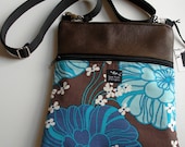 Chocolate Brown Leather Retro Blue White Flowers Fabric iPad Kindle Nook Passport Travel Messenger Bag  Sling Purse