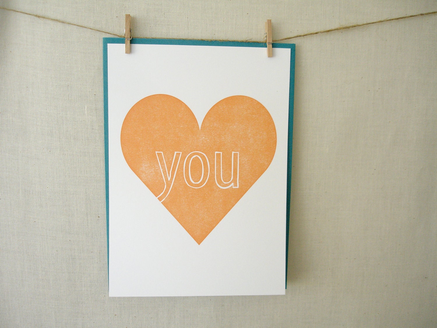 Valentine's Day Print: Love You, Letterpress Print, 5x7, Sherbet Orange Heart Art Print
