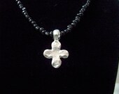 Hammered Petwer Cross and Black Bead Necklace