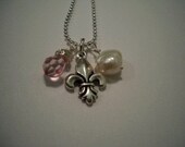 Pink Crystal, Pearl, Fleur de Lis STERLING Necklace
