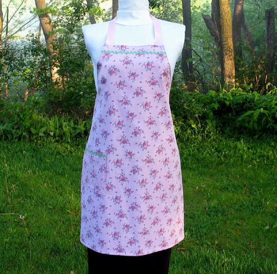 Apron Roses Floral Cooking Kitchen Reversible Pink Green White Blue