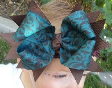 Double Hair bow..Damask Spikey Layered Double Bow and Headband..Great for Newborn Toddler big Girl
