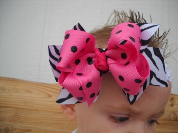 Boutique Hairbow..Wild Zebra Spikey Double Layered Hair Bow with Headband..Great for newborn toddler big girl