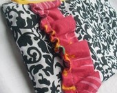 Black and White Damask Clutch with Pink Ruffle