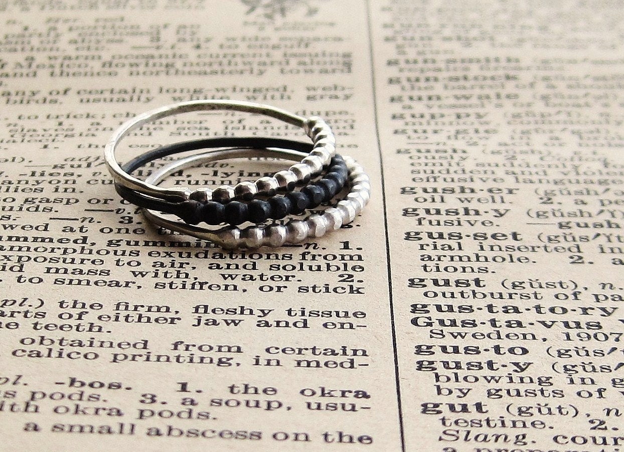 Three Bead Textured Sterling Silver Ring Set - Oxidized, Brushed, Shiny