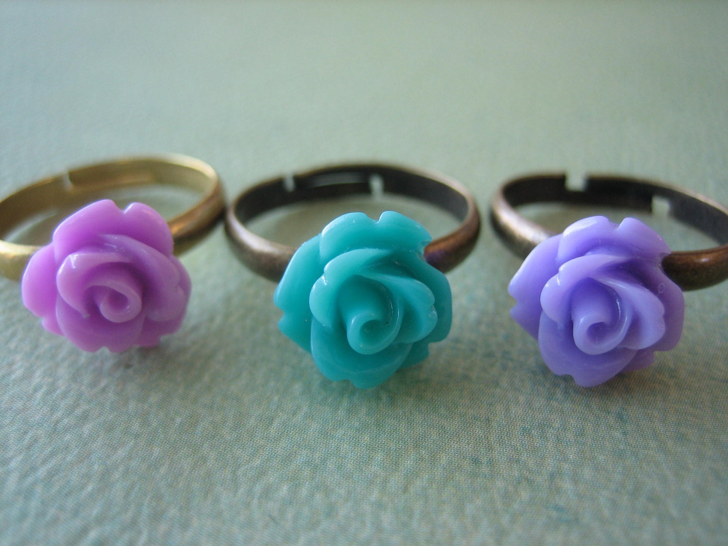 Mini Rose Ring Trio - Brass Adjustable Rings - Free US Shipping - Lavender, Lilac and Turquoise - Jewelry by ZARDENIA