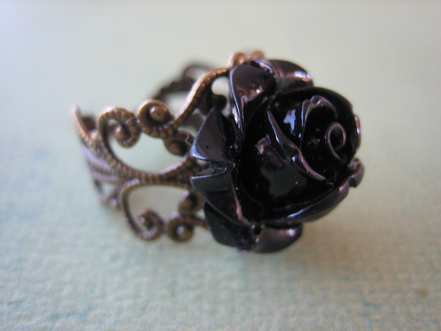 Petite Black Rose Flower Ring - Adjustable Antique Brass Ring - Free US Shipping - Jewelry by ZARDENIA