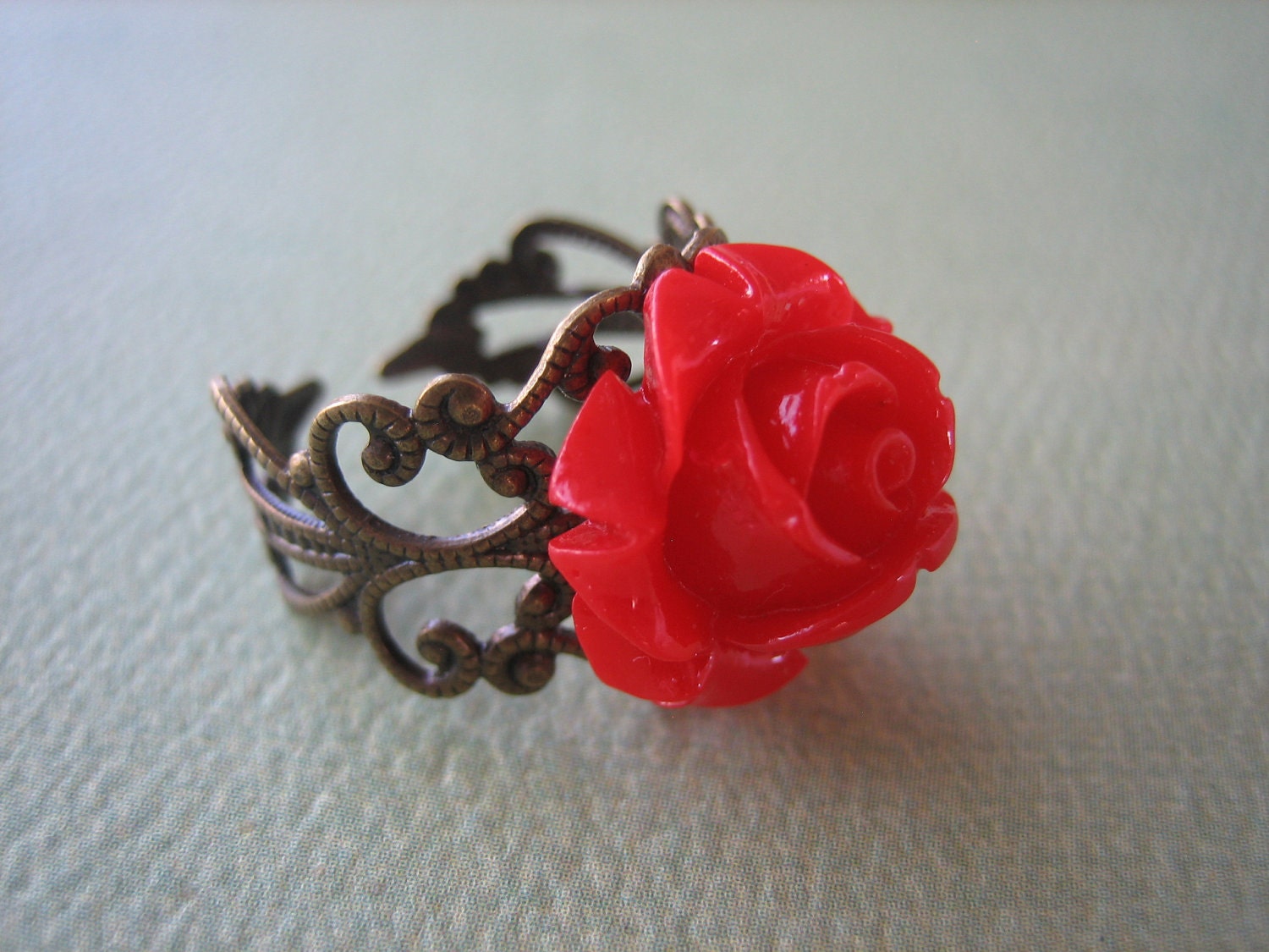 Petite Red Rose Flower Ring - Adjustable Antique Brass Ring - Free US Shipping - Jewelry by ZARDENIA