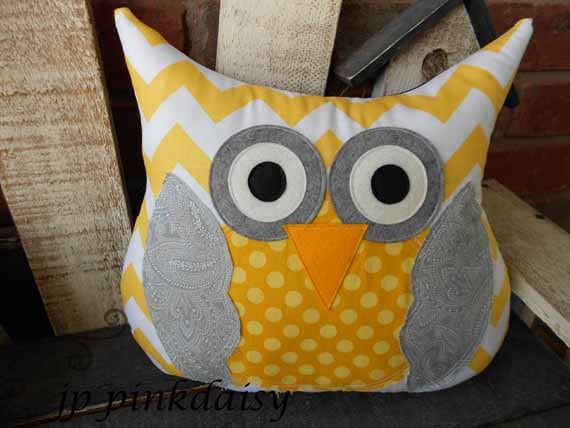 Owl Pillow Chevron / Yellow Gray /Owl Baby Shower Decoration/ Plush/ Pottery Barn / Photo Prop / Stuffed Owl / Chunky