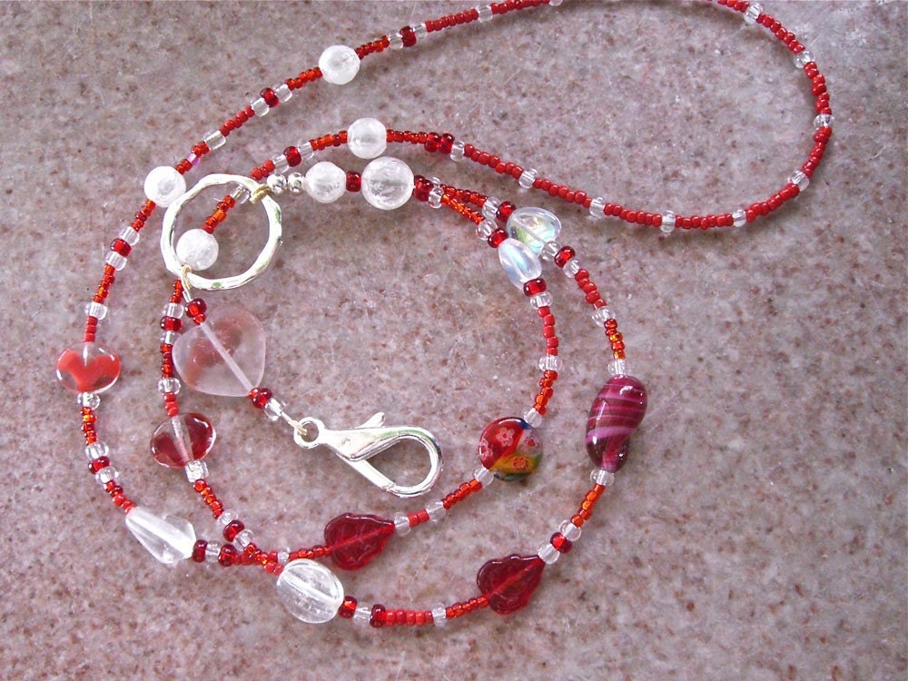 Ruby Red Lanyard Necklace with Hearts and Leaves, Badge ID Lanyard, Gift for Mom, Flash Drive, Bus Pass, Key Holder