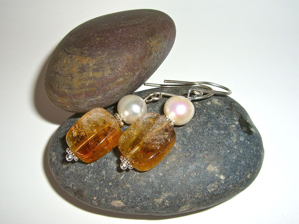 Rutilated Citrine Earrings With Pearls, Dangle, Semiprecious Stones and Sterling Silver, Rutilated Citrines