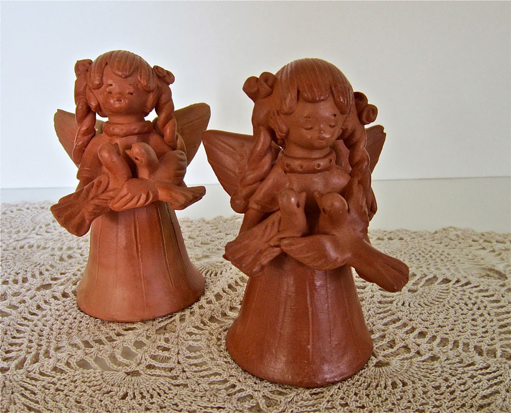 Guatemalan Folk Art Angels, Angel Candleholders, Guatemala Clay Figures, Angels and Doves, Rustic, Vintage Collectible, Table Decor
