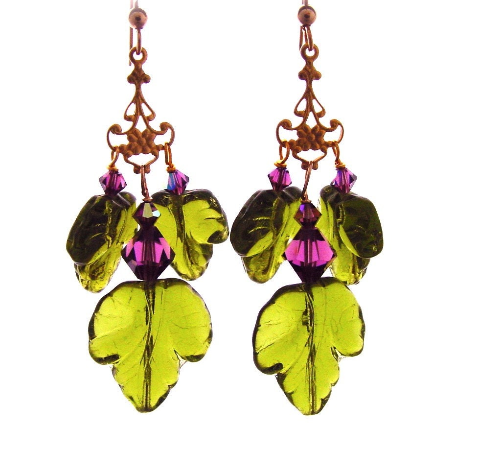 Grape leaf earrings handmade with vintage beads