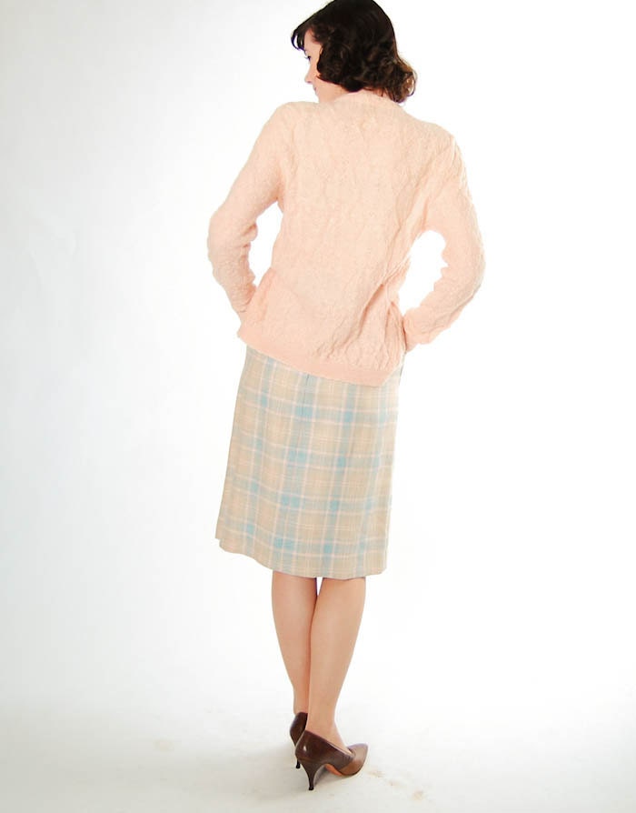 Vintage 1960s Pencil Skirt - 60s Wool Skirt - Pastel Blue & Blush Plaid Tweed