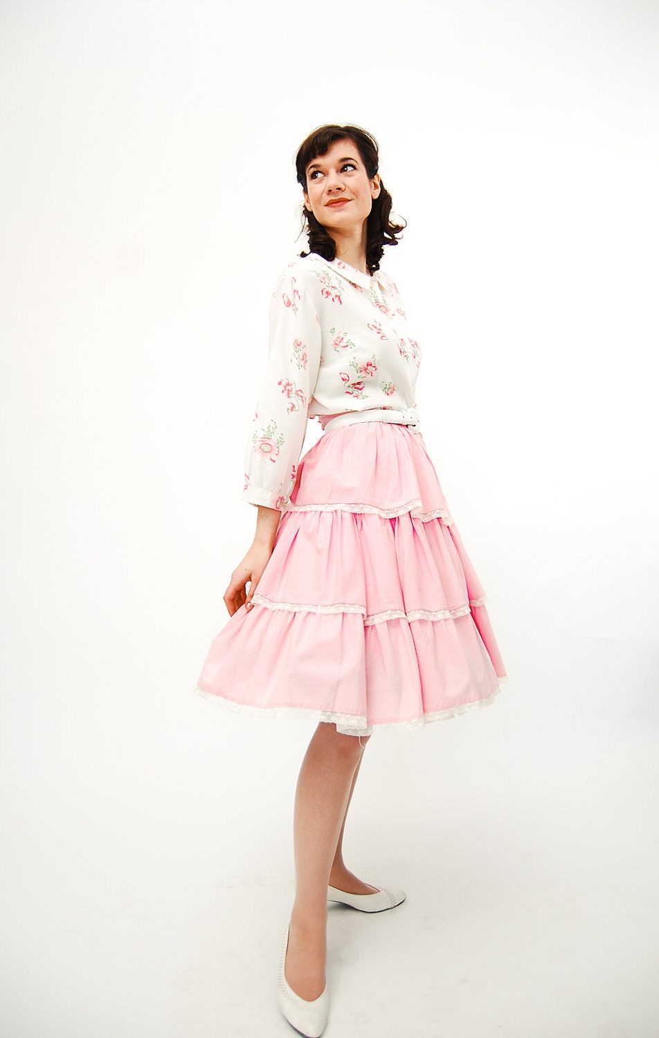Vintage 1960s Circle Skirt - 60s Full Skirt - Petal Pink Swiss Dot