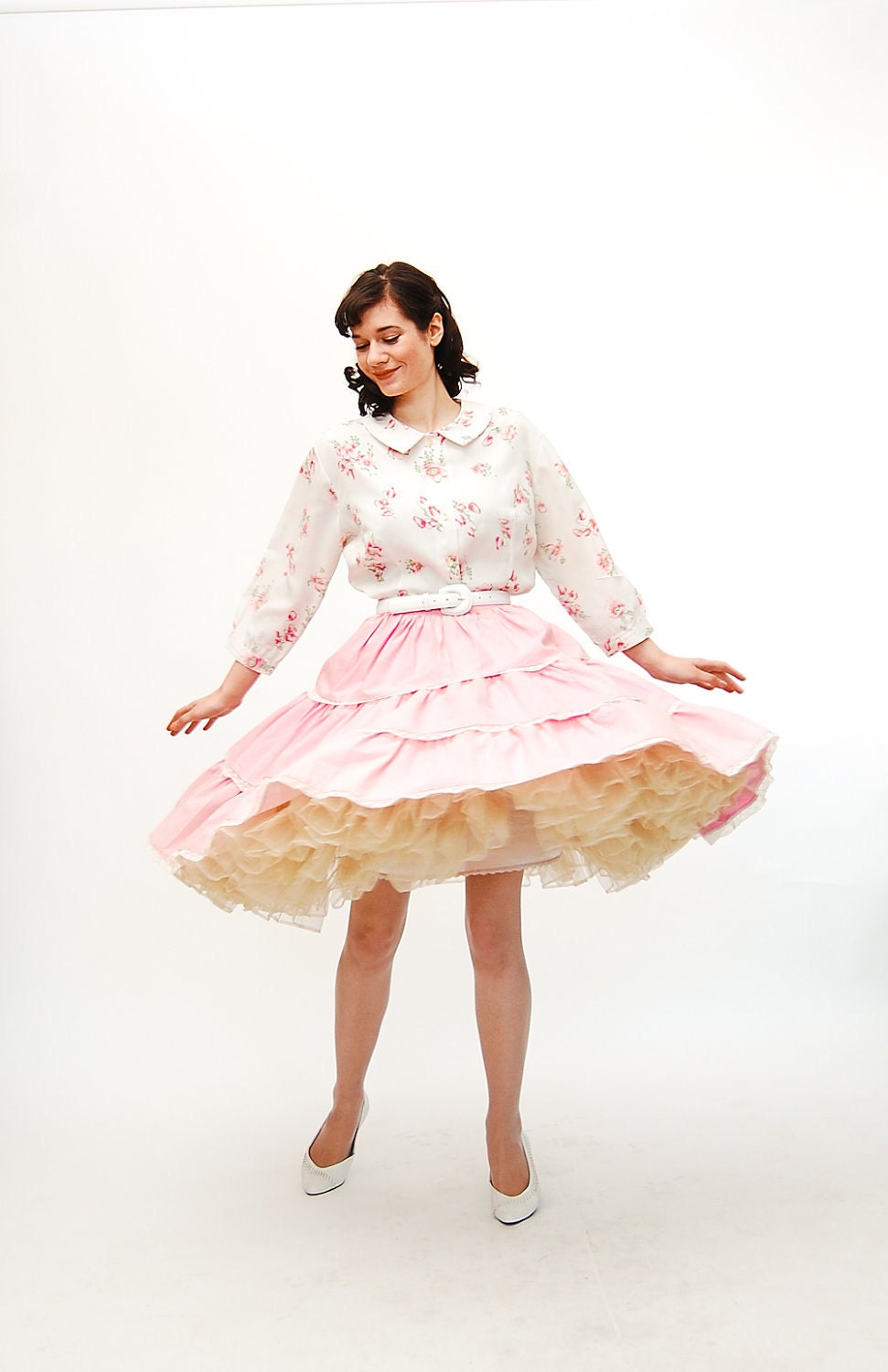 Vintage 1960s Circle Skirt - 60s Full Skirt - Petal Pink Swiss Dot