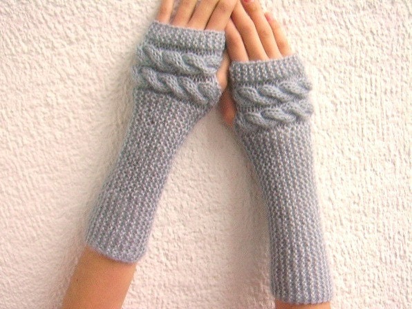 Fingerless Glove Grey Blue HandKnit Mohair - JasmineCreations