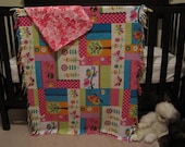 Fleece Baby Blanket Set "MERRY MEADOW" of Birds, Butterflies,Trees, ladybugs, Pink, Teal, Lime, Whimsical, Summer Fun Shower Gift