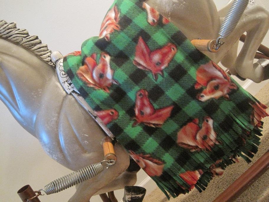 HORSE Blanket, Fleece Throw, Baby to Adult Fringed Blanket, Green & Black Plaid Houndstooth, Chestnut Brown Horses, Cowgirl or Cowbloys