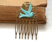 Hair Comb -  Turquoise Maroon Bird in Flight Hair Comb  Antique Victorian Style