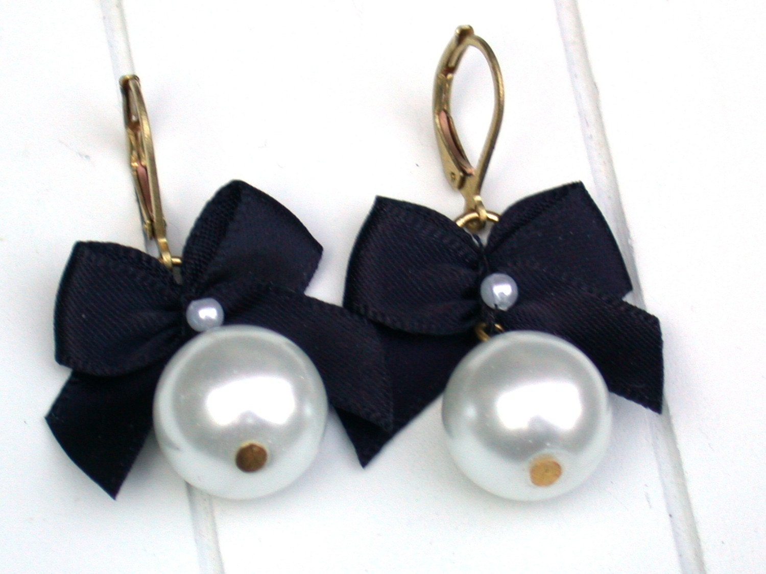 Bow Earrings  Black Satin Ribbon Bow And White Pearls Earrings