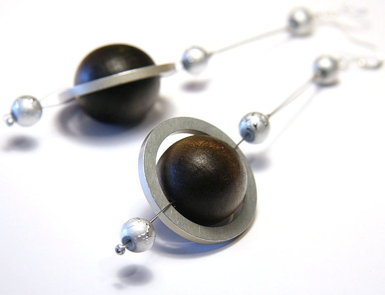 Rings of Saturn - Eco Jewelry - Planet Earrings - Eco Friendly Earring - made from computer hard drive spacer rings - Brown Silver Gray