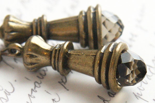 Chess Queen Earrings. Smoky Quartz Crystal. Antique Bronze. Chess Piece. TAGT TEAM