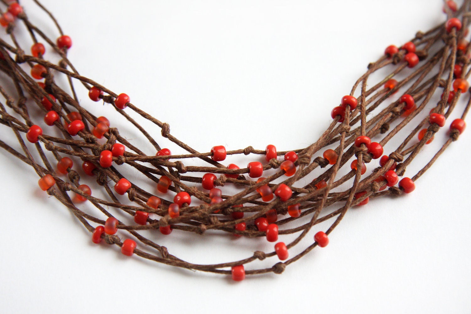 on Vacation / Eco Friendly Necklace - Multi Strand Necklace - Natural Polished Brown Hemp -  Orange Red Beads - Bird Nest Fiber Jewelry TAGT