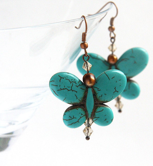 on Vacation / Turquoise Butterfly Earrings. Freshwater Pearl. Swarovski Crystals. Antique Copper, Teal Blue