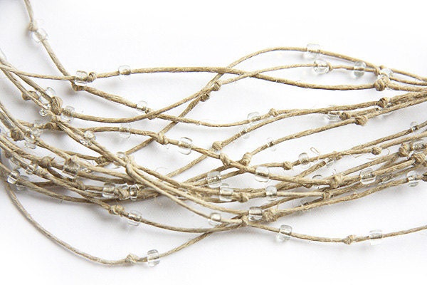 Natural Polished Soft Hemp in Cream Shades. Multi Strand Necklace. Clear Beads. Bird Nest Fiber Eco Friendly Fashion Jewelry