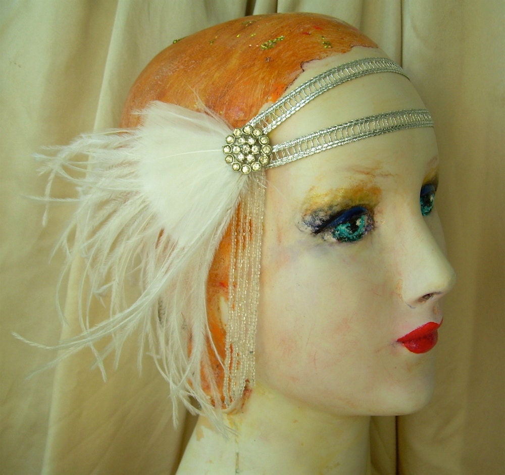 andromeda - flapper headband with 20's beading, vintage rhinestones and white feathers- made to order