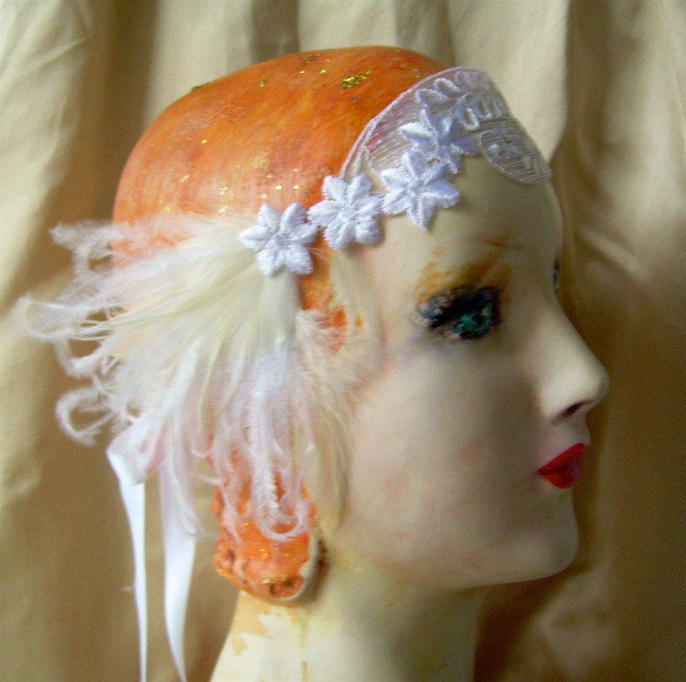 bandeau flapper or edwardian headband with vintage lace and vintage feathers - ready to ship