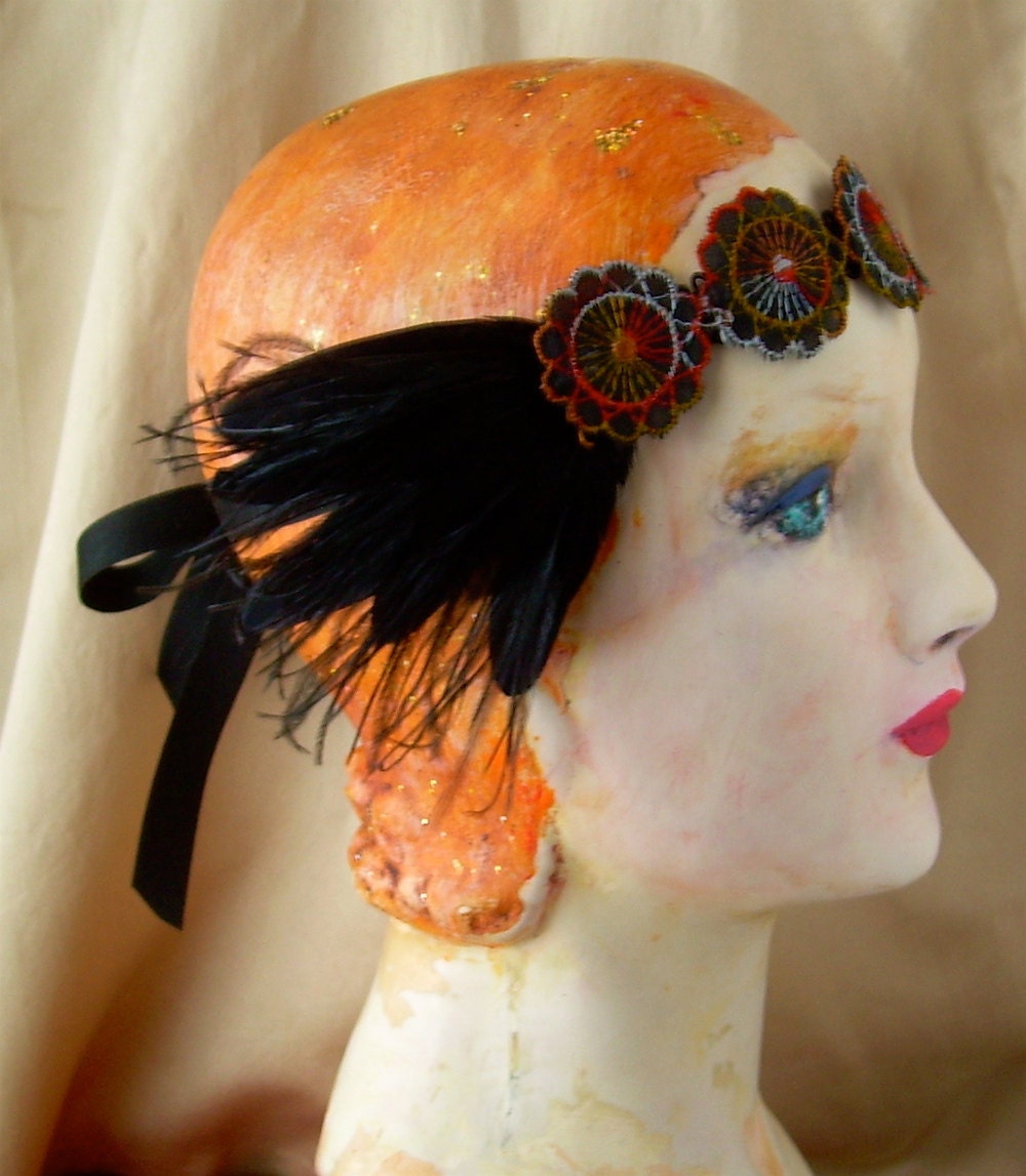 charlotte- flapper headband of vintage silk and bird friendly feathers, edwardian, bohemian