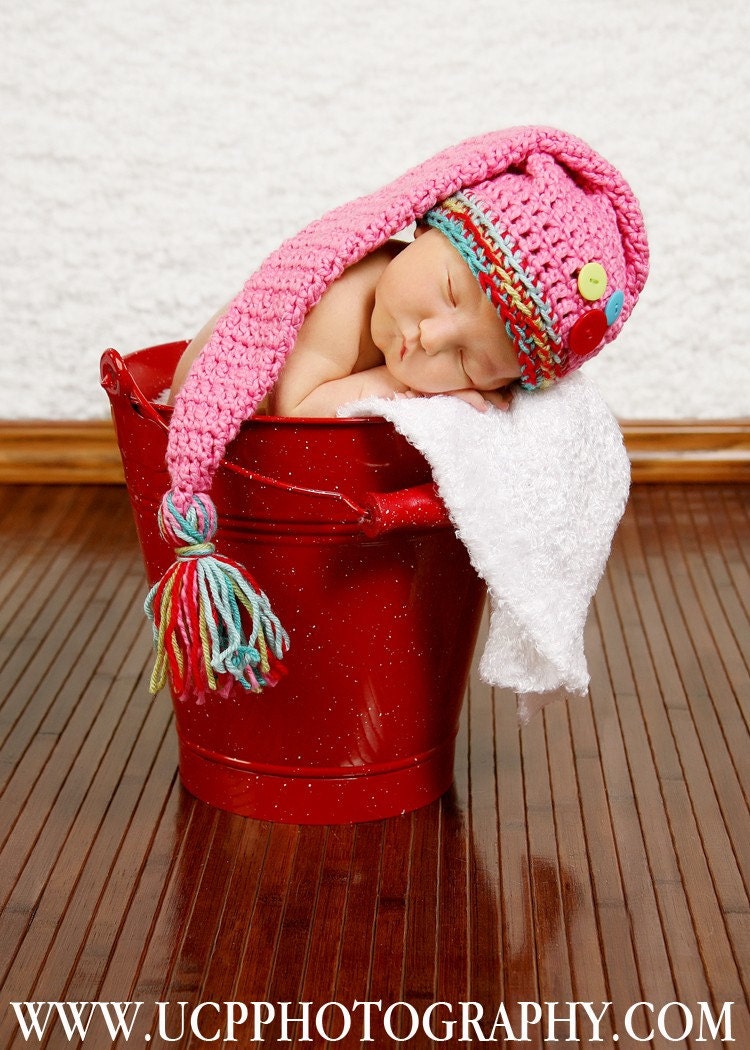 Newborn Beautiful Bubblegum Pink Santa Hat with Variegated Tassel and Trim and Multi Colored Buttons
