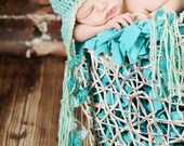 Newborn Light Turquoise Earflap Hat with Bobble Earflaps and light sage Trim (Beautiful clip on flower can be sold separately)