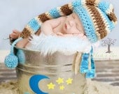 Newborn Beautiful Fold Up Brim Baby Blue Tan and Cream Santa Hat with Crochet Tassel Ball