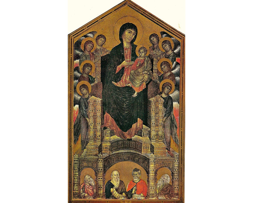 Madonna Entrhoned, with Saints and Angels - Painting, Uffizi Gallery, Florence Italy - Cimabue - 13th century - 1950s fine art reproduction